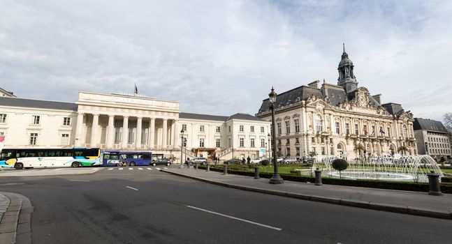 Tours, France - February 8, 2020: people walking in front of the Palais de Justice (Court of Justice) on a winter day in the city center