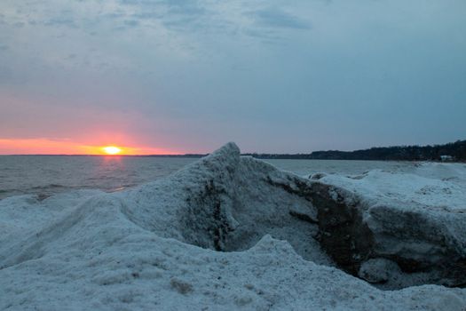 Port stanley beach in winter at sunset. Ontario Canada photograph.