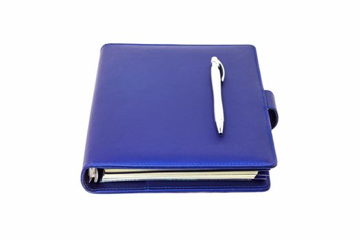 Blue collar diary and pen placed on cover and white background.