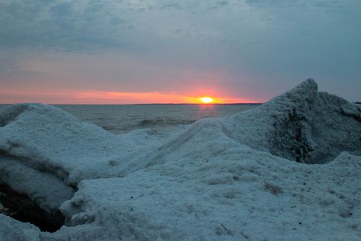 Port stanley beach in winter at sunset. Ontario Canada photograph.