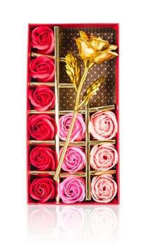 Collection roses in red box isolated on white background, Save clipping path.