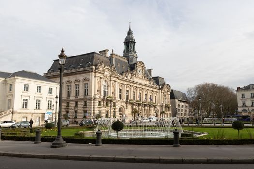 Tours, France - February 8, 2020: people walking in front of the Palais de Justice (Court of Justice) on a winter day in the city center