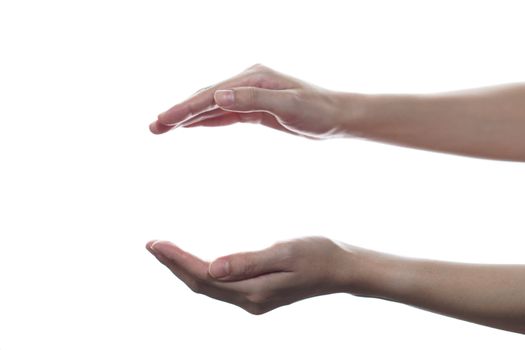 Female open cupped hands with empty between on white isolated background.