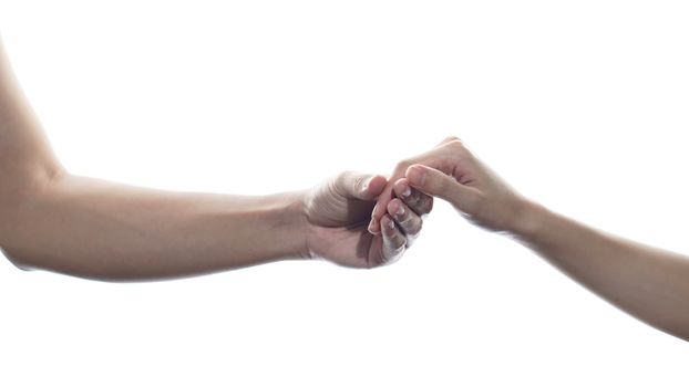 Couple holding hands with white isolated background.