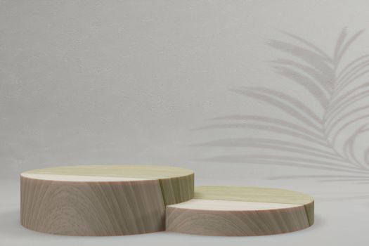 Wood mockup with leaf shadow on gray background, display showcase. 3D render