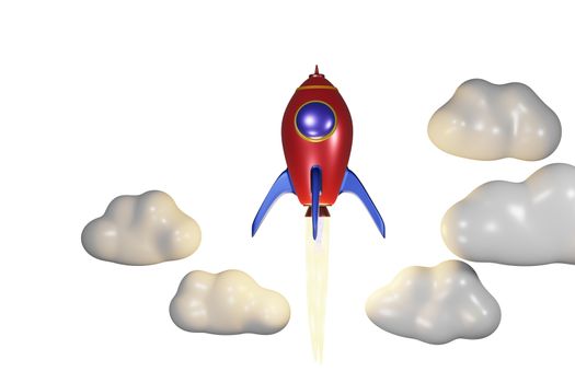 Ballistic launch red rocket with cloud on white isolated background, 3D rendering.