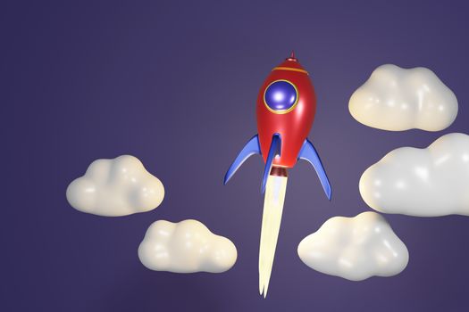 Ballistic launch red rocket with cloud on dark blue background, 3D rendering.