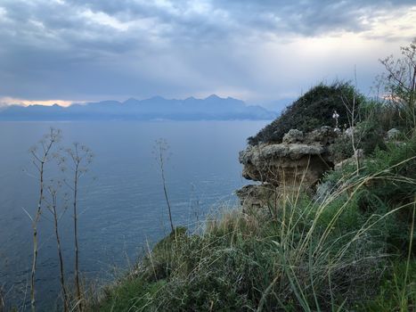 Landscape of Mediterranean sea mountains and blue sky in Antalya