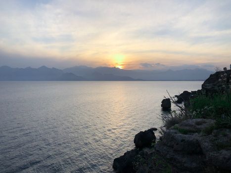 Landscape of Mediterranean sea mountains and blue sky in Antalya