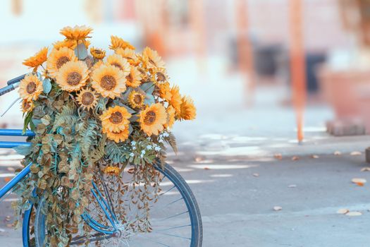 bouquet of flowers on bike, Vintage filter