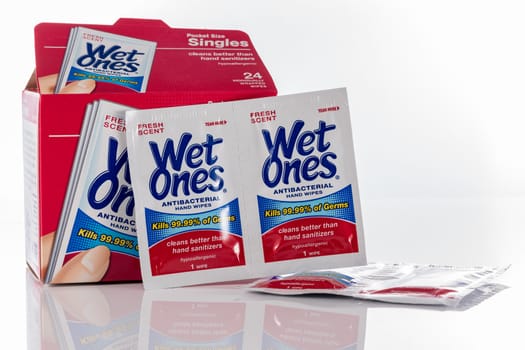 Morgantown, WV - 12 April 2020: Box of Wet Ones antibacterial or disinfecting wipes on white background