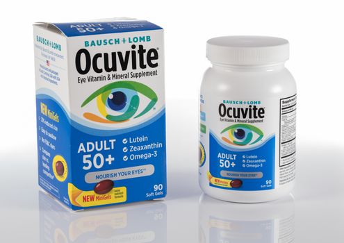 Morgantown, WV - 13 April 2020: Bausch and Lomb Ocuvite senior capsules and tablet bottle on white background