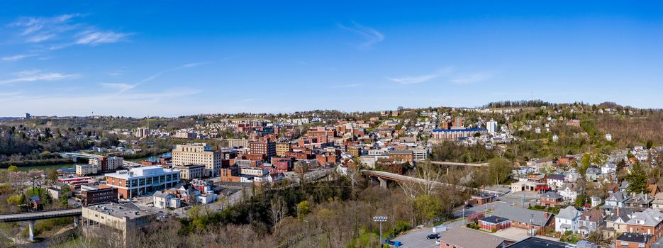 Morgantown, WV - 6 April 2020: Aerial drone panoramic shot of the downtown area of Morgantown West Virginia