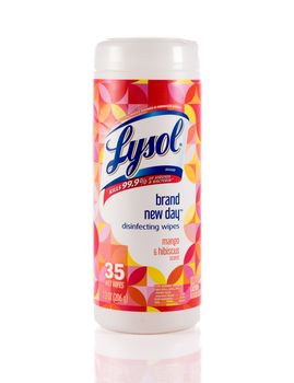 Morgantown, WV - 12 April 2020: Canister of mango and hibiscus Lysol disinfecting wipes on white background