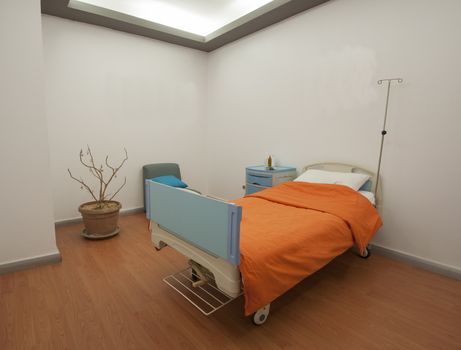 Hospital bed in a private ward ward with a plant