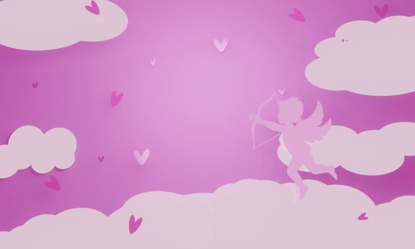 Abstract background design with Cupid flies on the sky in the pink background, Valentine Day concept. Paper art and 3D Rendering  modern style.