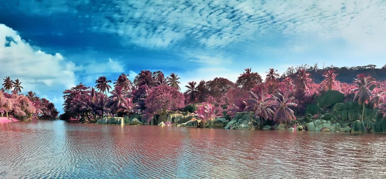 Beautiful purple and pink infrared panorama of a landscape on the Seychelles Islands.