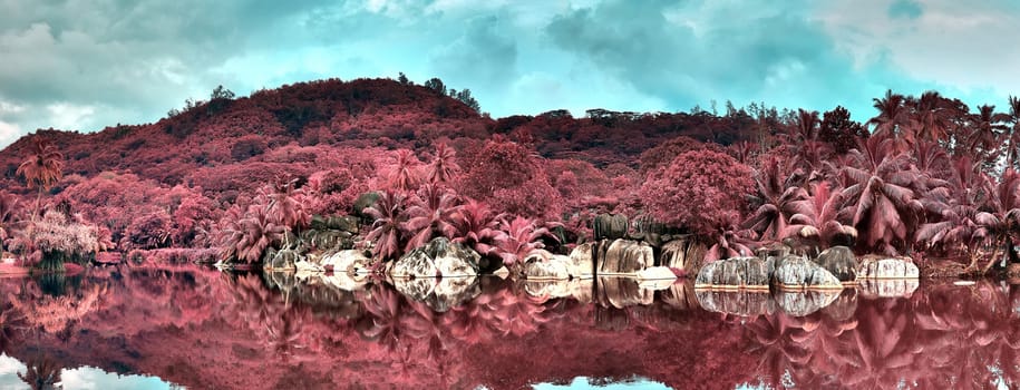 Beautiful purple and pink infrared panorama of a landscape on the Seychelles Islands.