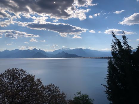 Landscape of Mediterranean sea mountains and blue sky