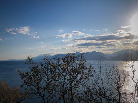 Landscape of Mediterranean sea mountains and blue sky