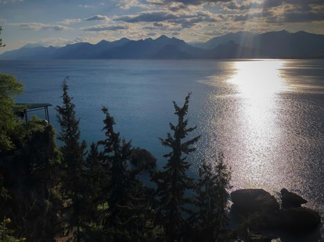 Landscape of Mediterranean sea mountains and blue sky