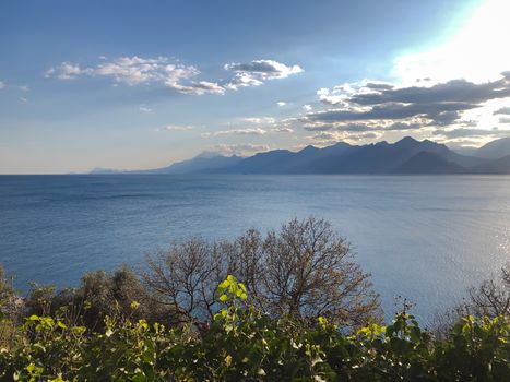 Landscape of Mediterranean sea mountains and blue sky