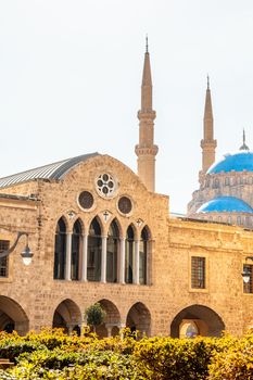 Saint Georges Maronite cathedral and Mohammad Al-Amin Mosque in the background in the center of Beirut, Lebanon