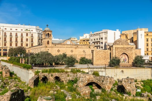 Saint George Greek Ortodox cathedral in the center of Beirut among modern buildings, Lebanon