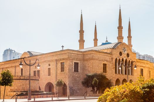 Saint Georges Maronite cathedral and Mohammad Al-Amin Mosque in the background in the center of Beirut, Lebanon