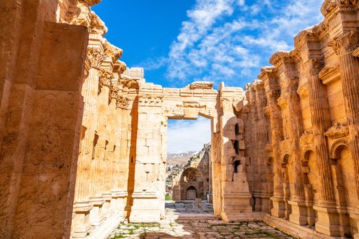 Inner hall of Ancient Roman temple of Bacchus with blue sky in the background, Bekaa Valley, Baalbek, Lebanon