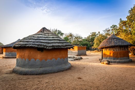 Local village with traditional zimbabwian huts from clay and hay. Matobo, Matabeleland province, Zimbabwe, Africa