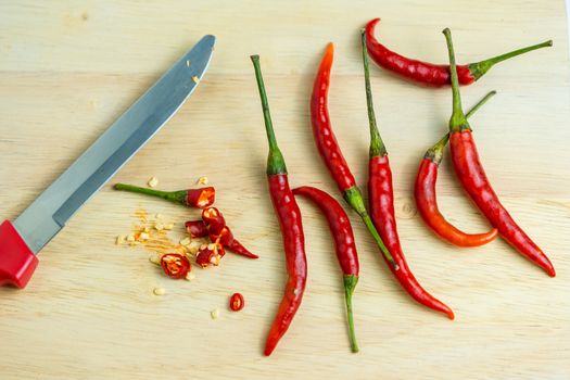 Close-up of chilli and red knives on a wooden floor, meat, fresh food ingredients concept