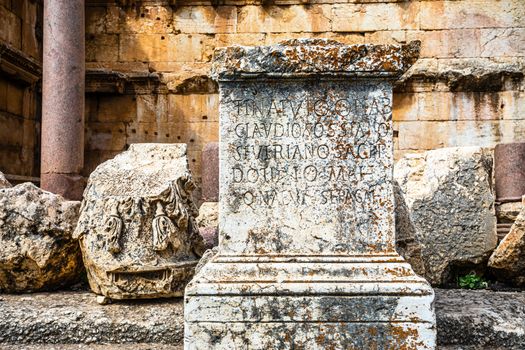 Latin engraved inscriptions on Roman ruins at Jupiter temple, Bekaa Valley, Baalbek, Lebanon