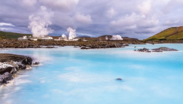 Blue lagoon panorama with termal power station in the background, Grindavik, Iceland