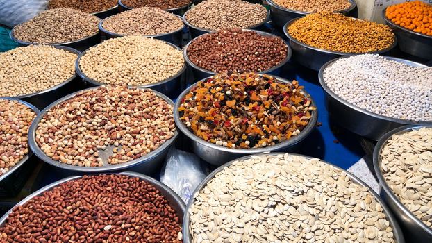 Various nuts and dried fruits in a Turkish bazaar
