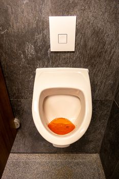 A urinal in a toilet, which stands in a flowed separated room, is equipped with a protective strainer and a manual flush.