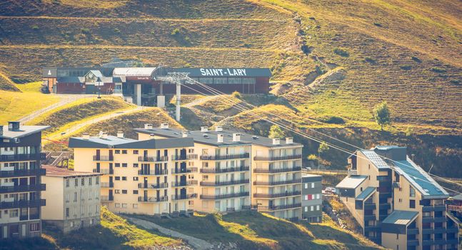 Saint Lary, France - August 20, 2018: Overview of the buildings of the Pla D Adet ski resort on a summer day