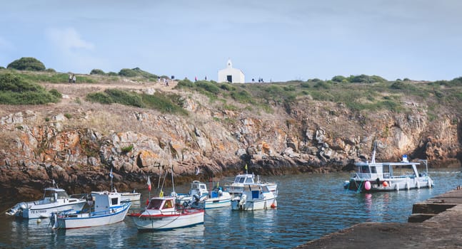 La Meule, France - September 18, 2018: view of the marina of Port la Meule on the island of Yeu where are moored pleasure boats on a summer day