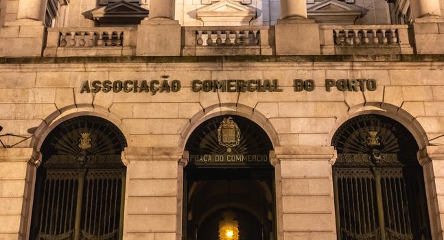 Porto, Portugal - November 30, 2018: Architecture detail of Porto commercial association at night one autumn day