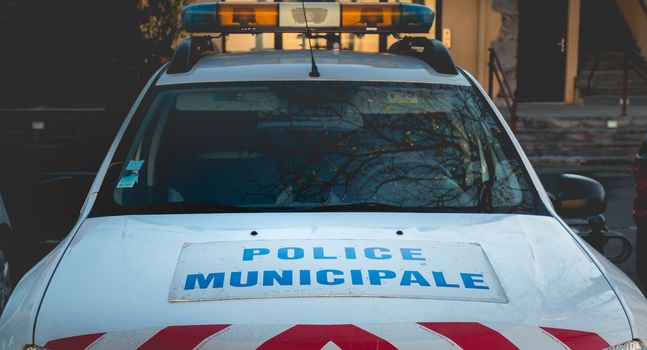 Agde, France - January 1, 2019: closeup on a car of the municipal police of Agde on a winter day parked in the city center