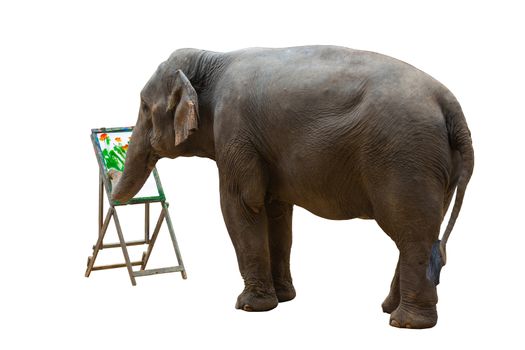 Asia Elephant painting a picture flower in frame isolated white background
