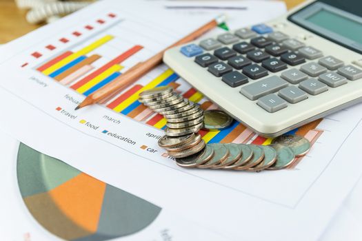 the stack of coin with business paper graphs and pencil with charts report, calculator, concept of calculating expenses, incomes and expenses.
