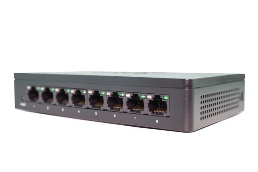 Black switch 8 port gigabit isolated white background device connect network and internet clipping path