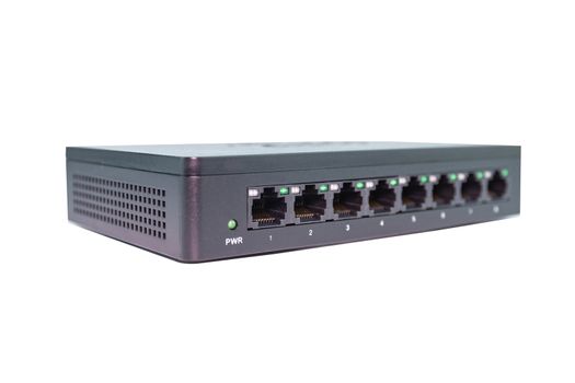 Black switch 8 port gigabit isolated white background device connect network and internet clipping path