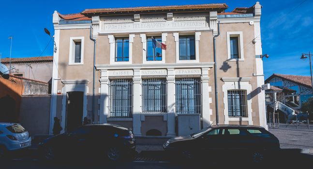 Marseillan, France - December 30, 2018: Architectural detail of the police station in the historic city center on a winter day