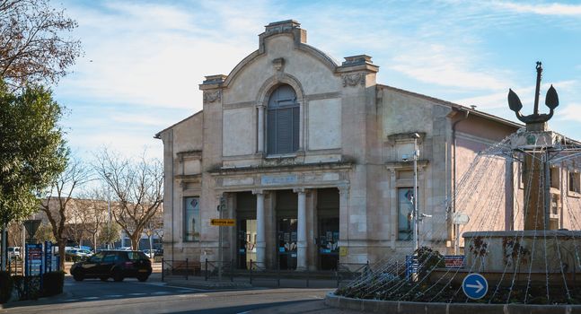 Marseillan, France - December 30, 2018: architectural detail of the Henri Maurin theater in the historic city center on a winter day