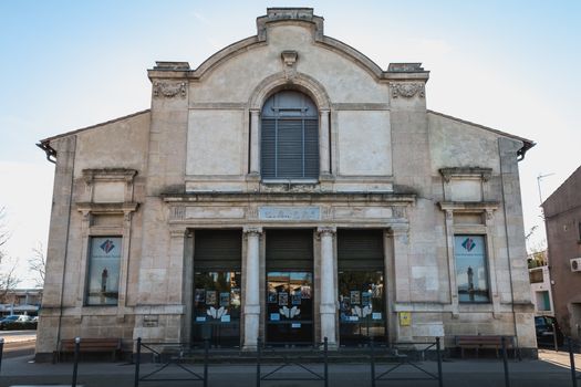 Marseillan, France - December 30, 2018: architectural detail of the Henri Maurin theater in the historic city center on a winter day