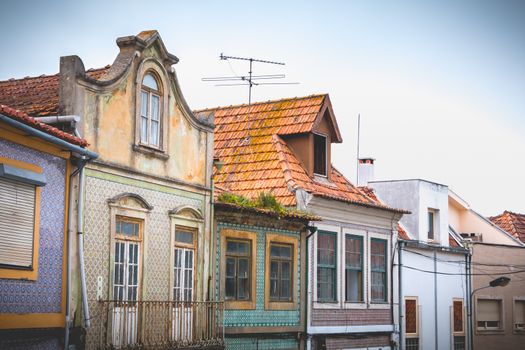 Aveiro, Portugal - May 7, 2018: Small traditional house architecture detail in the historic city center of the city on a spring day