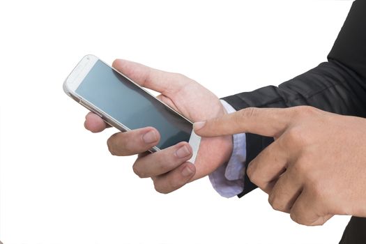 business man use his phone on white background