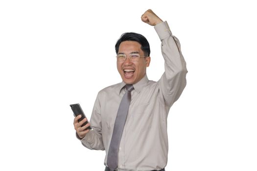 Businessmen are standing happy in the hand holding a smartphone. With a white back ground.